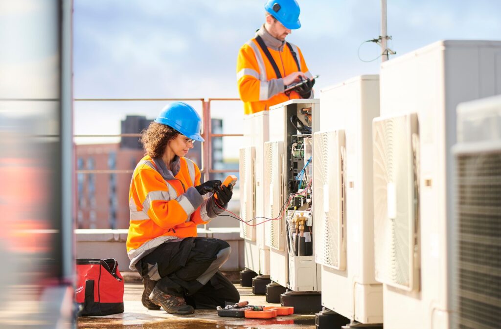 Two men in orange safety vests are repairing air conditioning units on a rooftop, ensuring proper functionality and safety.